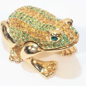 Gold Tone Metal Enamel and Rhinestone Bejeweled Frog Trinket Box Green and Gold